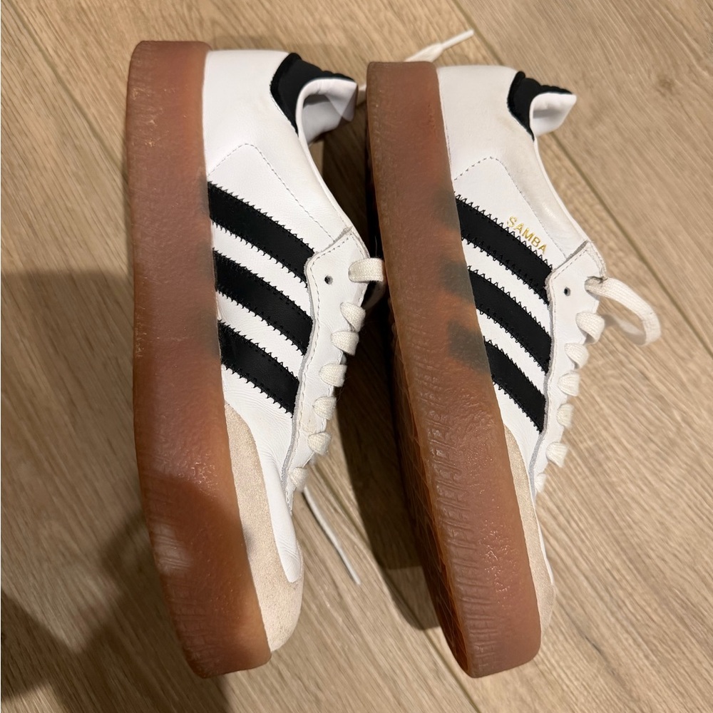 adidas White Leather Sneakers with Black Stripes and Gum Platform